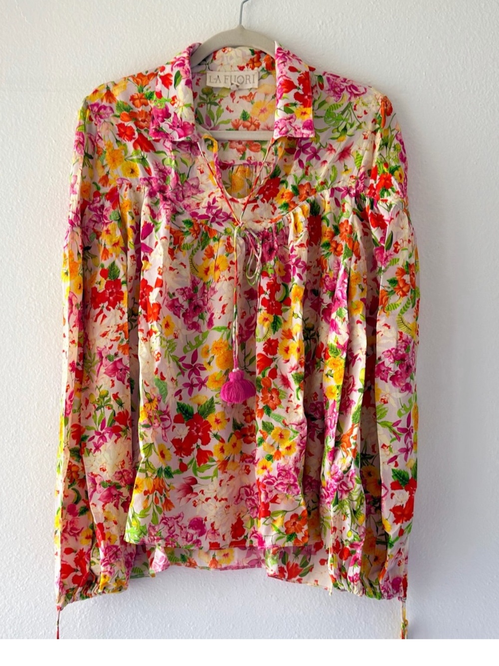 100% silk Floral Tie-Neck Long Sleeve Top - Pink Multi